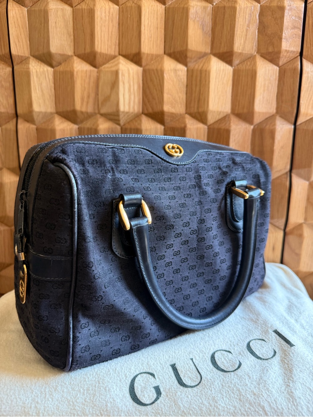 Gucci Black GG Monogram Boston Bag